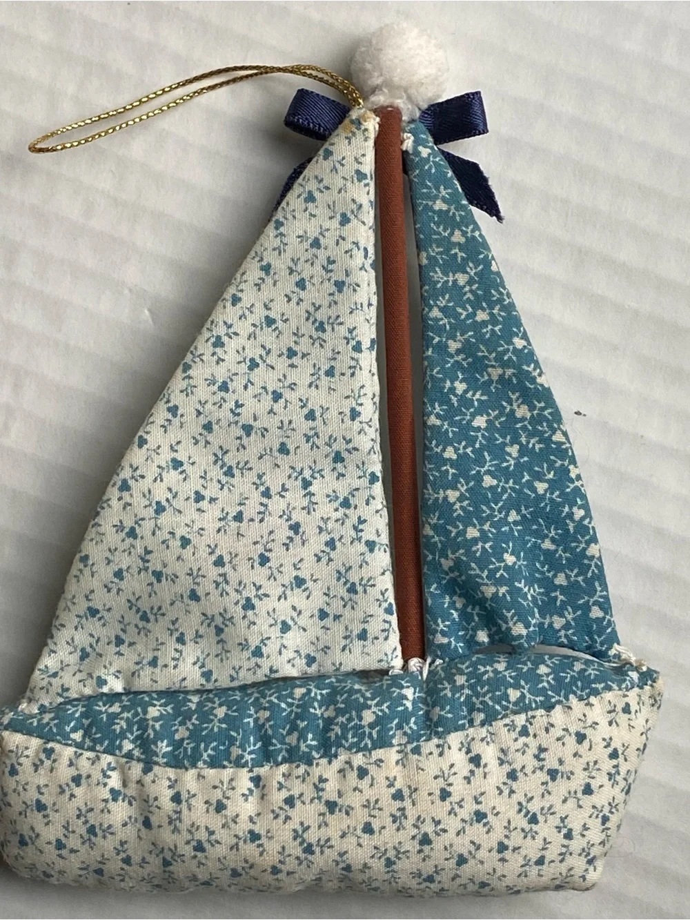 Vintage Sailboat Xmas Ornament Handmade Chintz Fabric Blue Sail Boat Beach Ocean